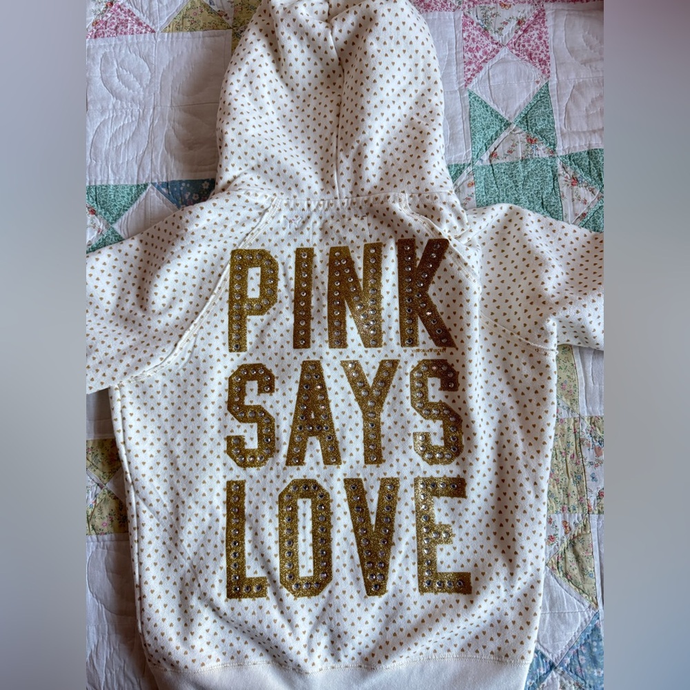 HTF Vintage Victoria's Secret PINK “Pink Says Love” Gold Heart Hoodie - Picture 5 of 5